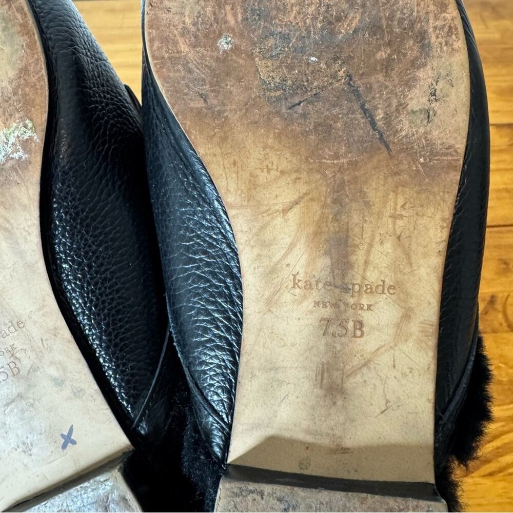 Kate Spade Caelyn Black Leather Faux Fur Lined Slip On Mules Flats Size 7.5 - Picture 5 of 7